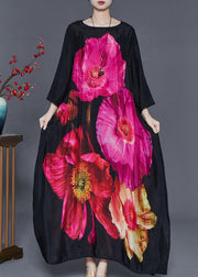 Casual Black Oversized Floral Print Cotton Holiday Dress Summer