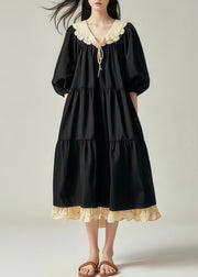 Casual Black Oversized Patchwork Cotton Vacation Dresses Lantern Sleeve