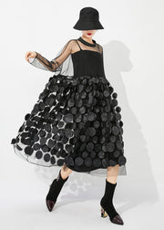 Casual Black Oversized Patchwork Hollow Out Tulle Long Dress Summer