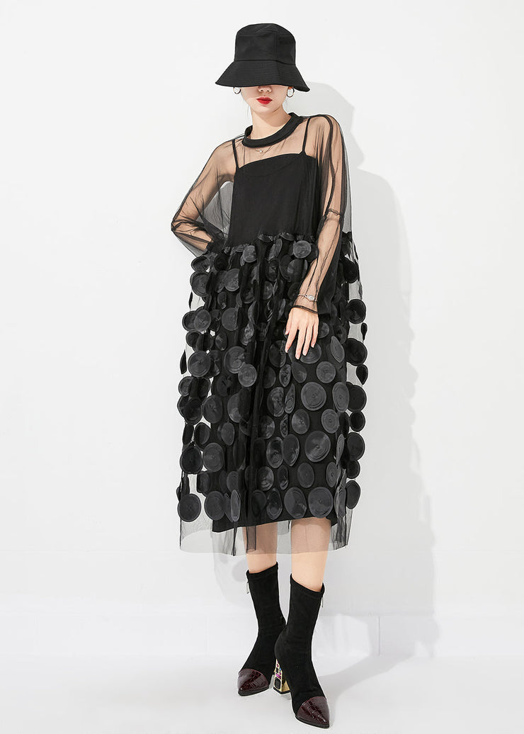 Casual Black Oversized Patchwork Hollow Out Tulle Long Dress Summer