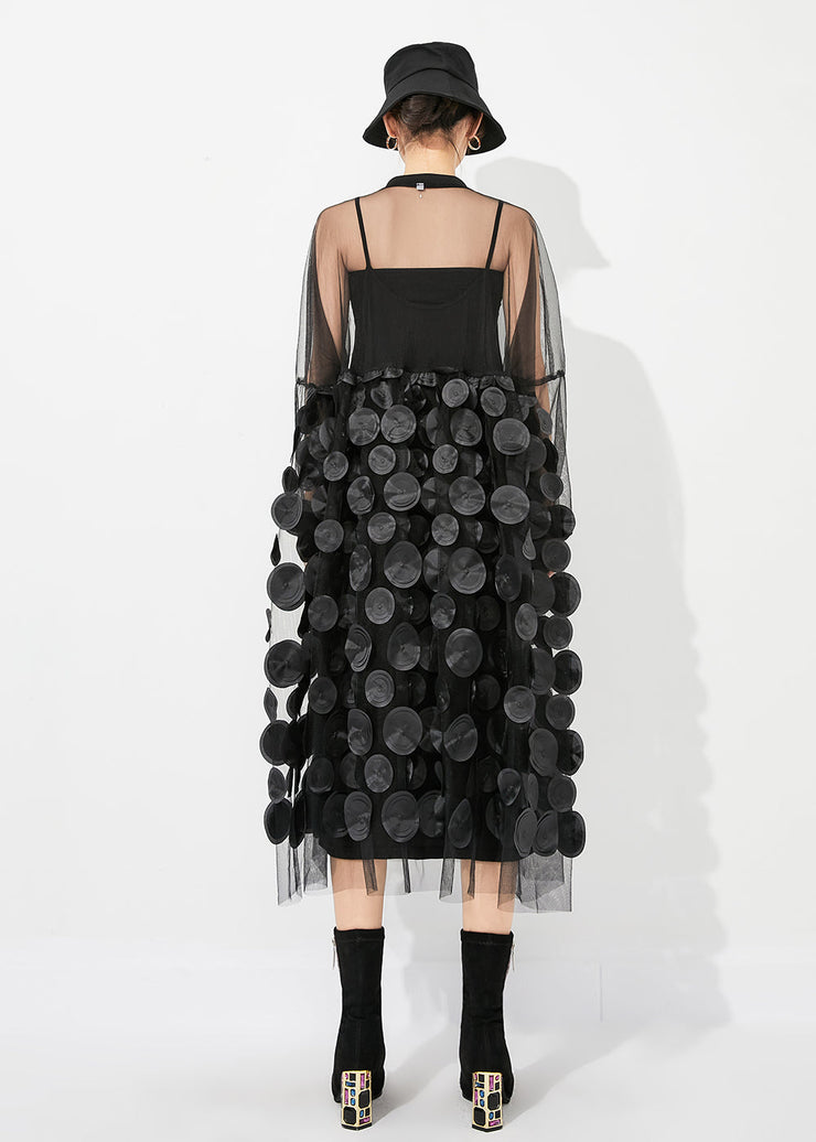 Casual Black Oversized Patchwork Hollow Out Tulle Long Dress Summer