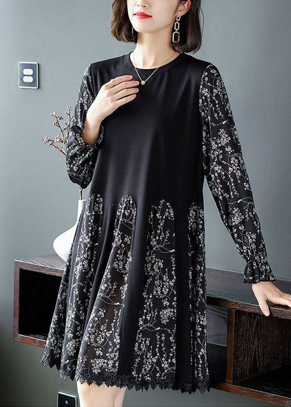 Casual Black Oversized Patchwork Print Chiffon Robe Dresses Spring