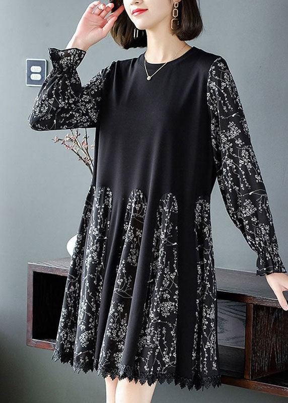 Casual Black Oversized Patchwork Print Chiffon Robe Dresses Spring