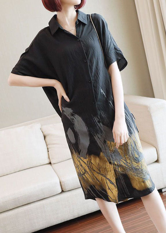 Casual Black Oversized Tie Dye Cotton Long Dress Summer