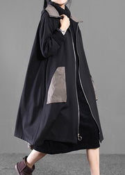 Casual Black Patchwork Zippered Long Hoodie Trench Coat Long Sleeve