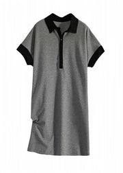 Casual Black Peter Pan Collar Button Cotton Maxi Dresses Short Sleeve