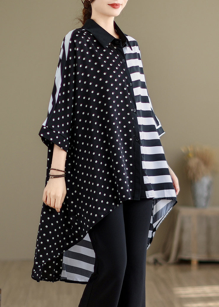 Casual Black Peter Pan Collar Low High Design Cotton Shirt Summer