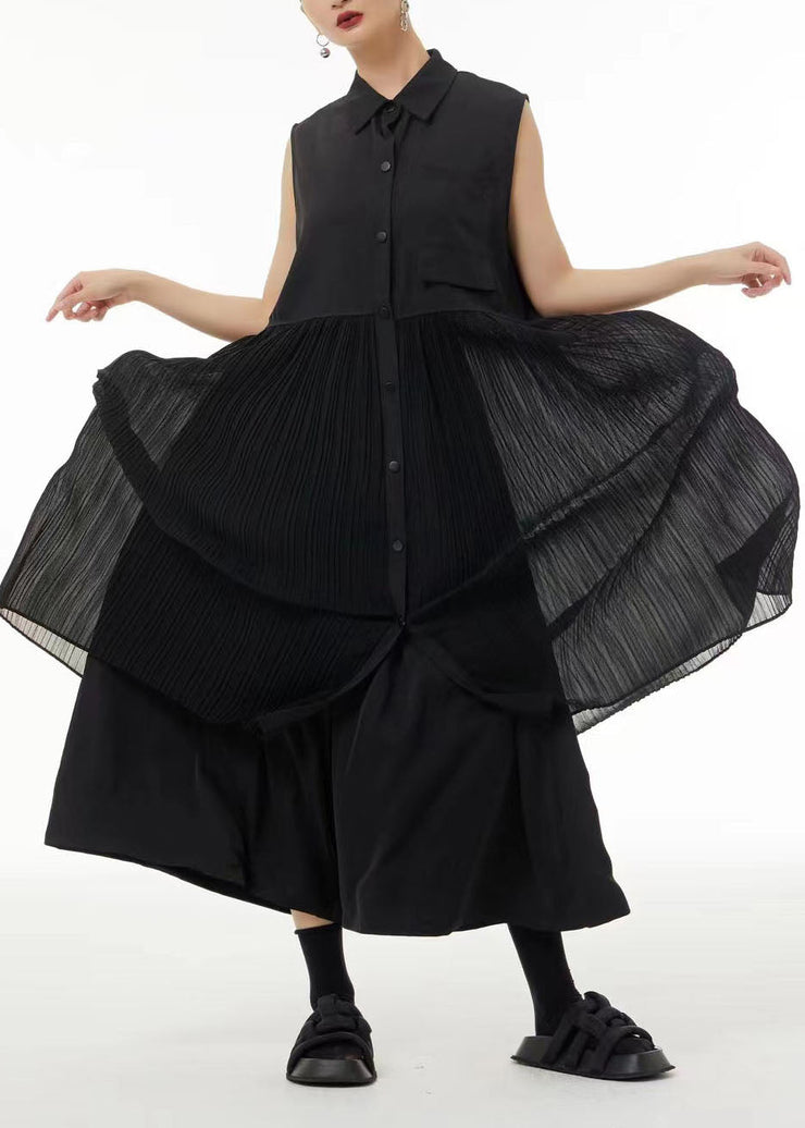 Casual Black Peter Pan Collar Patchwork Chiffon Pleated Dress Sleeveless