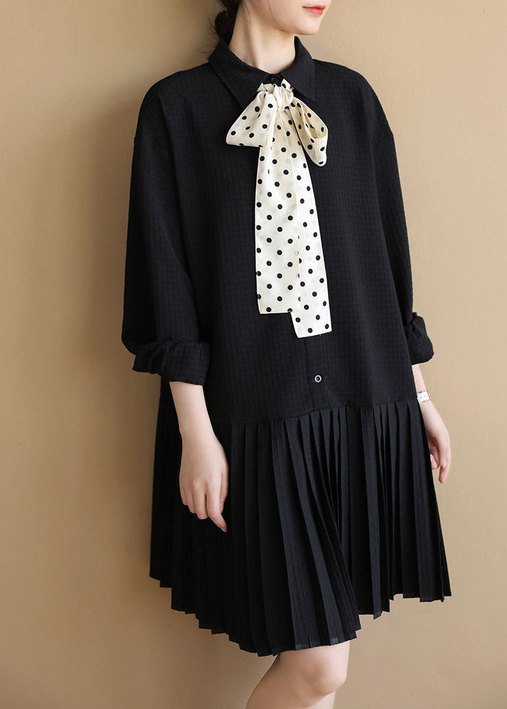 Casual Black Peter Pan Collar Patchwork Plaid Bow Necktie Cotton Pleated Dress Long Sleeve