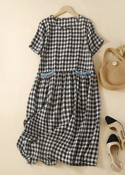 Casual Black Plaid O-Neck Patchwork Cotton Mid Dress Summer