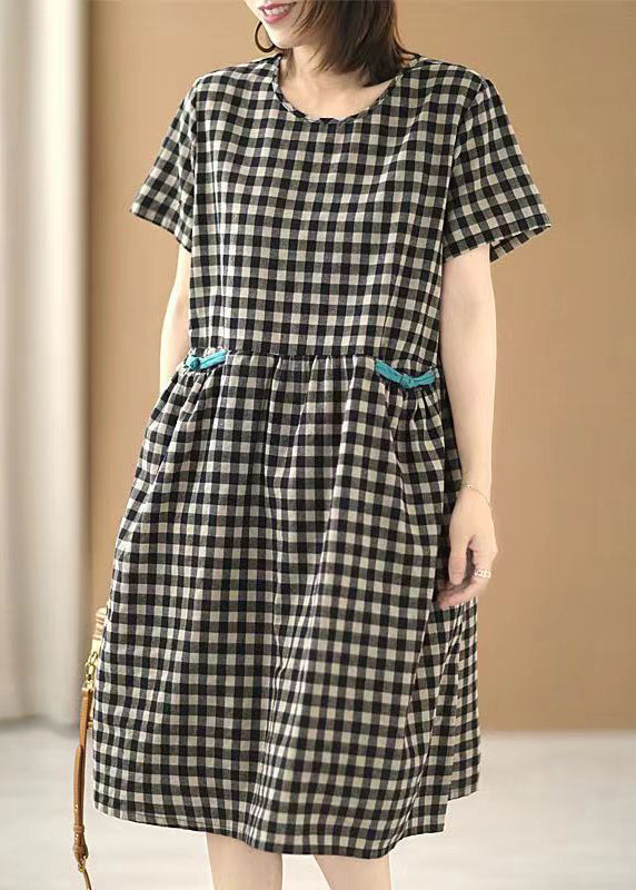 Casual Black Plaid O-Neck Patchwork Cotton Mid Dress Summer