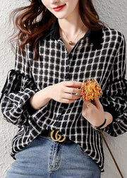 Casual Black Plaid Patchwork Button Shirt Long Sleeve