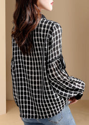 Casual Black Plaid Patchwork Button Shirt Long Sleeve