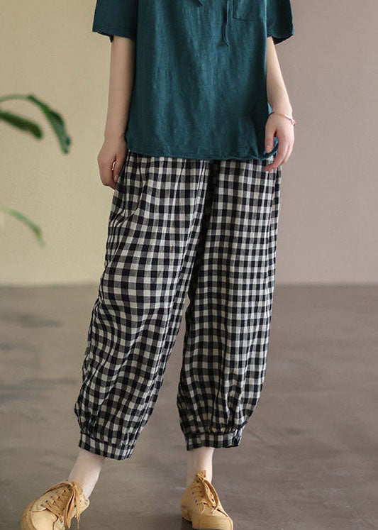 Casual Black Plaid Pockets Patchwork Cotton Lantern  Pants Summer