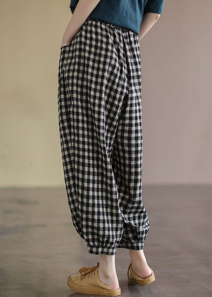 Casual Black Plaid Pockets Patchwork Cotton Lantern  Pants Summer