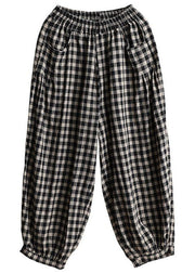 Casual Black Plaid Pockets Patchwork Cotton Lantern  Pants Summer