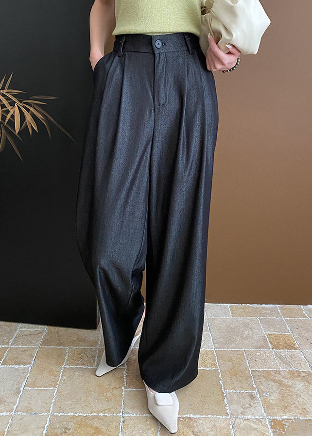 Casual Black Pockets Cotton Wide Leg Pants Summer