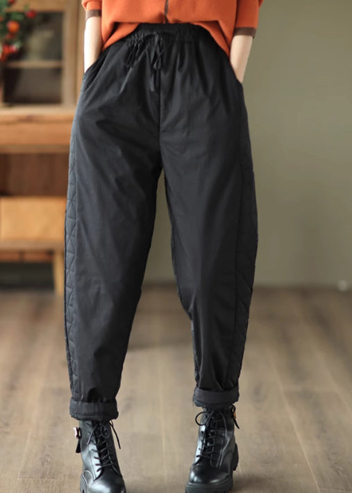 Casual Black Pockets Elastic Waist Fine Cotton Filled Pants Winter