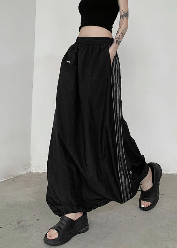 Casual Black Pockets Elastic Waist Patchwork Cotton Maxi Skirts Fall