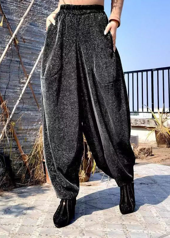 Casual Black Pockets High Waist Cotton Lantern Pants Spring