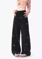 Casual Black Pockets Tiny Spot Print Drawstring Cotton Wide Leg Pants Spring