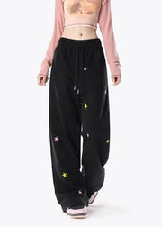 Casual Black Pockets Tiny Spot Print Drawstring Cotton Wide Leg Pants Spring