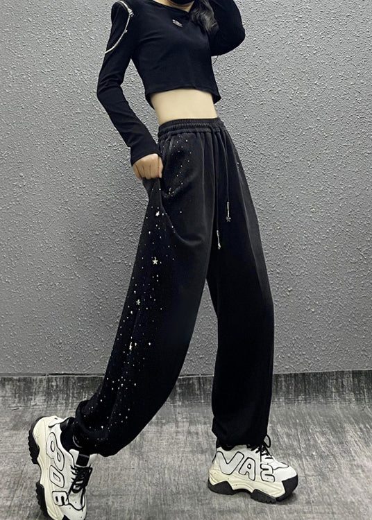 Casual Black Pockets Zircon Warm Fleece Sport Pants Fall