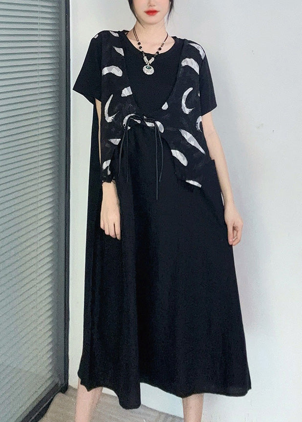 Casual Black Print Button Fake Two Pieces Long Dress Short Sleeve