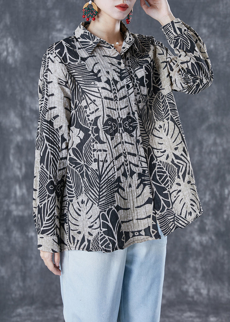 Casual Black Print Oversized Linen Shirt Summer