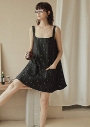 Casual Black Print Pockets Cotton Strap Dress Sleeveless