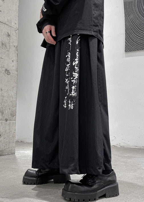 Casual Black Print Pockets Elastic Waist Cotton Mens Wide Leg Pants Fall