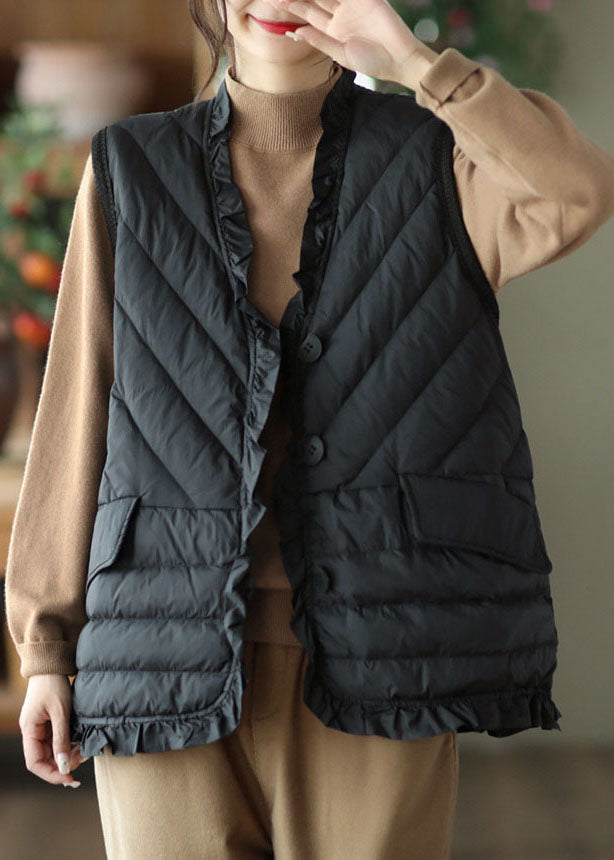 Casual Black Ruffled Solid Thick Duck Down Vest Tops Winter