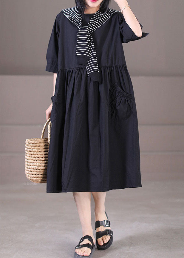 Casual Black Sailor Collar Patchwork Cotton Pleated Dress Half Sleeve