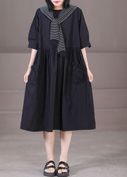 Casual Black Sailor Collar Patchwork Cotton Pleated Dress Half Sleeve