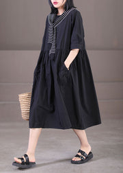 Casual Black Sailor Collar Patchwork Cotton Pleated Dress Half Sleeve