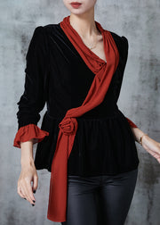 Casual Black Silm Fit Patchwork Floral Silk Velour Blouses Fall