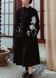 Casual Black Stand Collar Embroideried Tie Waist Button Thick Woolen Long Trench Coat Winter