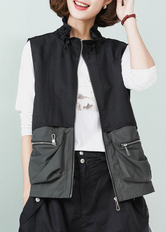 Casual Black Stand Collar Patchwork Drawstring Cotton Vest Spring