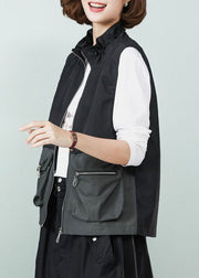 Casual Black Stand Collar Patchwork Drawstring Cotton Vest Spring