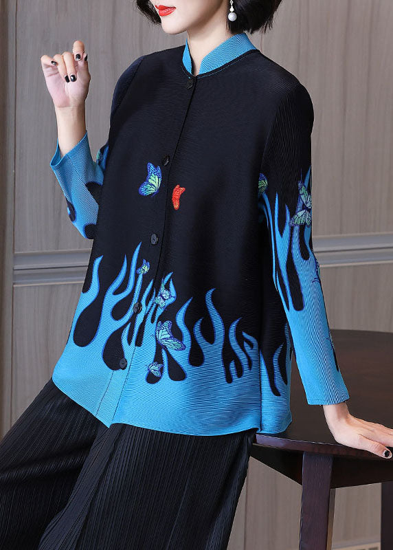 Casual Black Stand Collar Print Button Shirt Long Sleeve