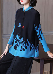 Casual Black Stand Collar Print Button Shirt Long Sleeve