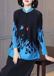 Casual Black Stand Collar Print Button Shirt Long Sleeve