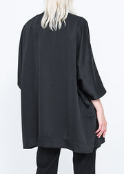 Casual Black Stand Collar Zippered Batwing Trench Coats Long Sleeve