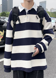 Casual Black Striped Cotton Mens Polo Shirt Designer Fall