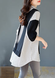 Casual Black Striped Patchwork Low High Design Fake Two Pieces Shirt Long Sleeve