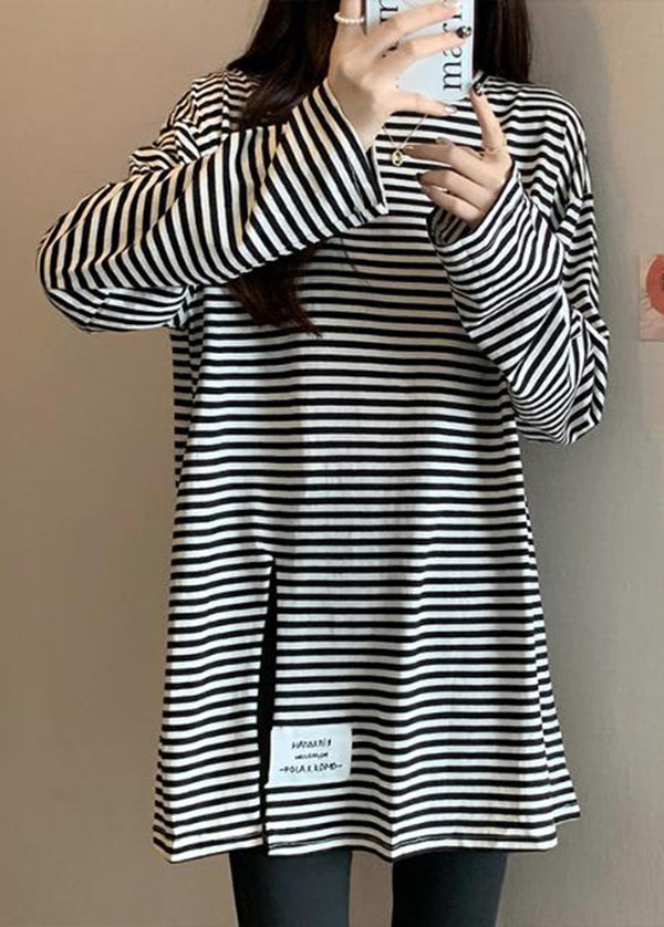 Casual Black Striped Side Open Applique Cotton Shirt Spring