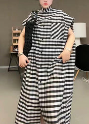 Casual Black Striped Stand Collar Button Maxi Dress Short Sleeve