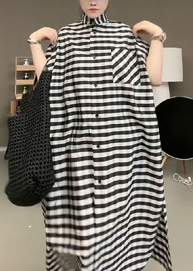 Casual Black Striped Stand Collar Button Maxi Dress Short Sleeve