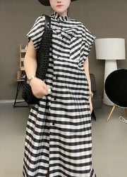 Casual Black Striped Stand Collar Button Maxi Dress Short Sleeve