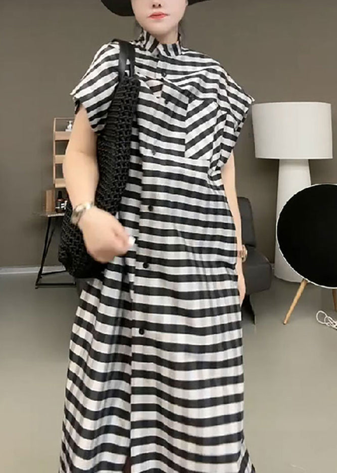 Casual Black Striped Stand Collar Button Maxi Dress Short Sleeve